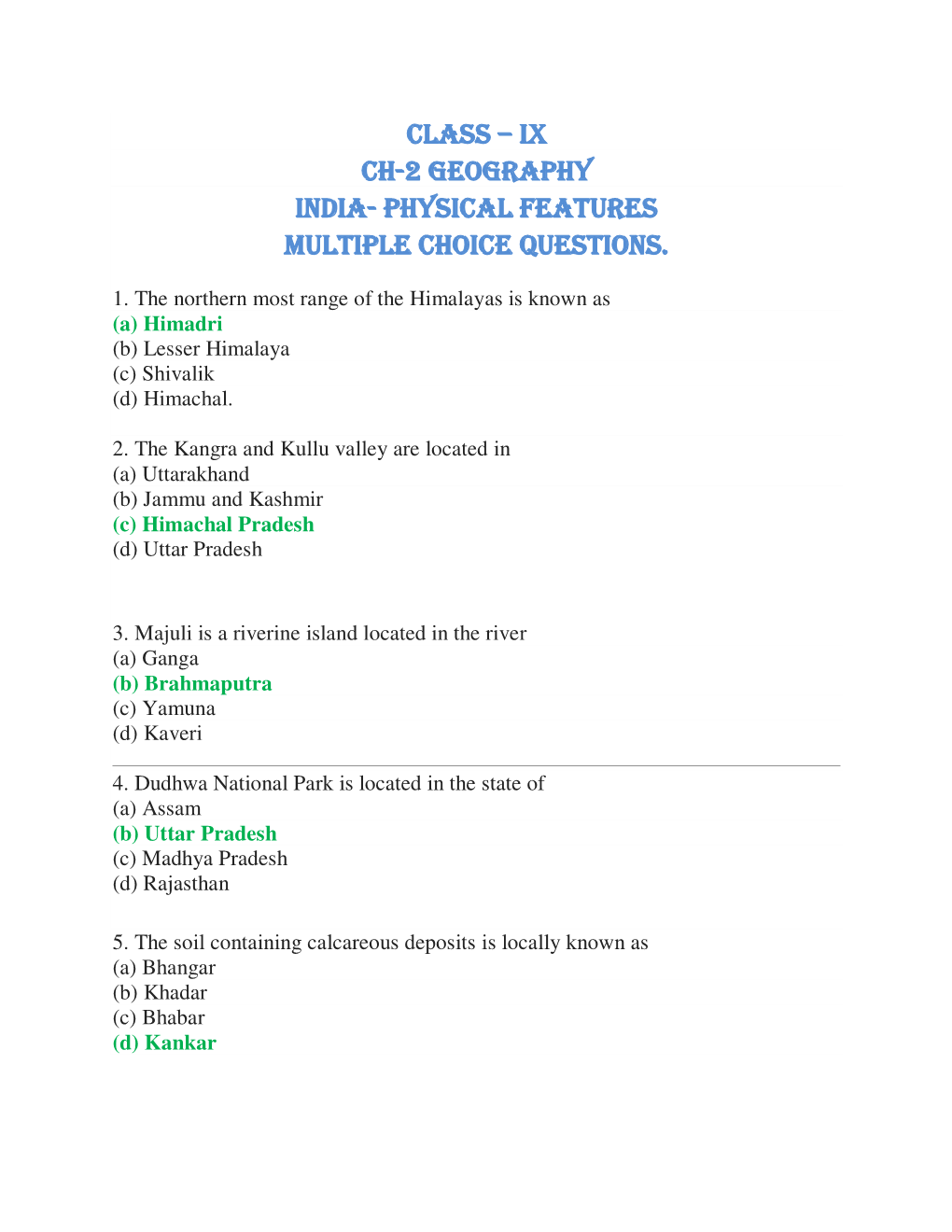 CLASS – IX CH-2 Geography INDIA- PHYSICAL FEATURES Multiple Choice Questions