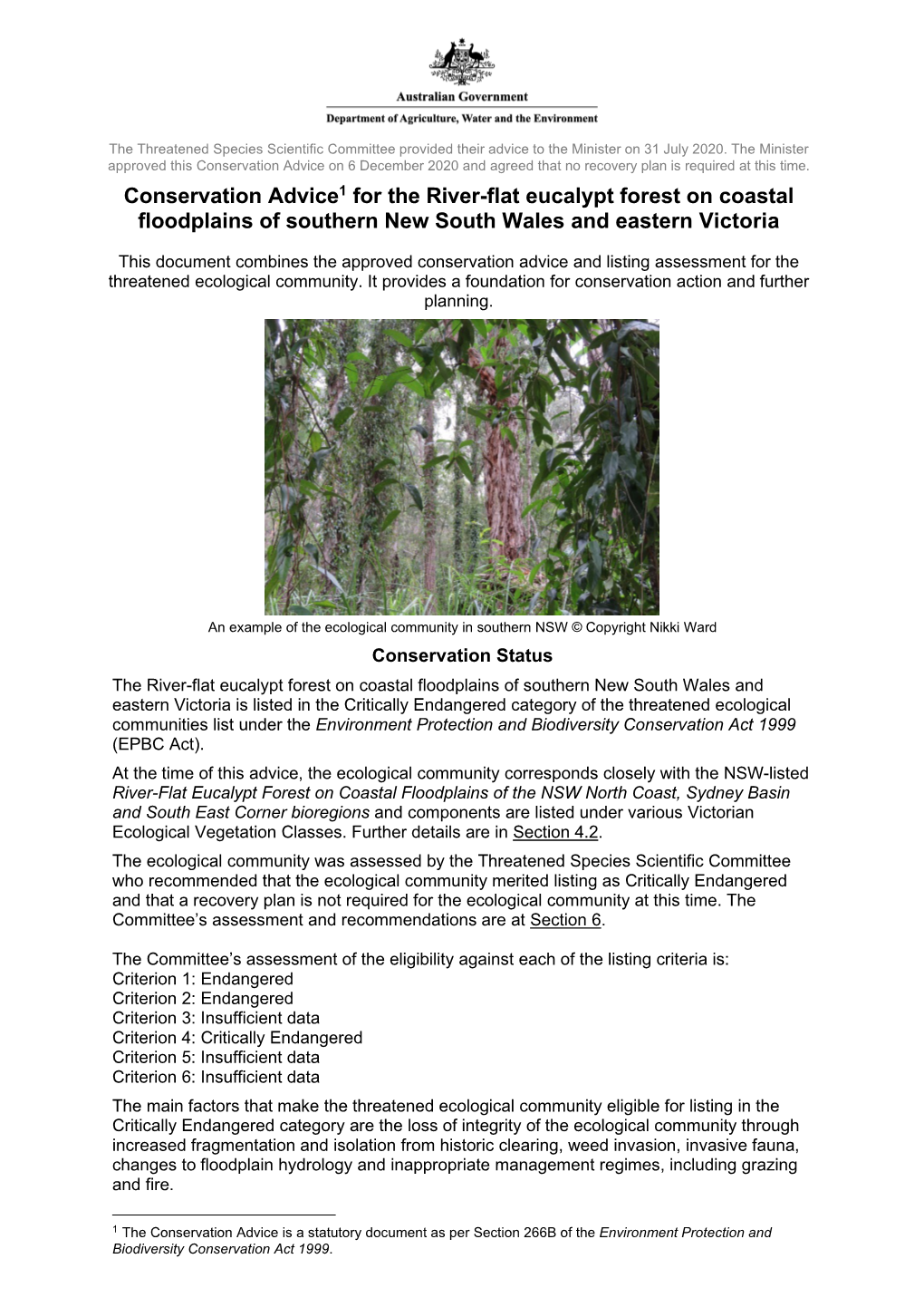 Conservation Advice for the River-Flat Eucalypt Forest on Coastal Floodplains of Southern New South Wales and Eastern.”