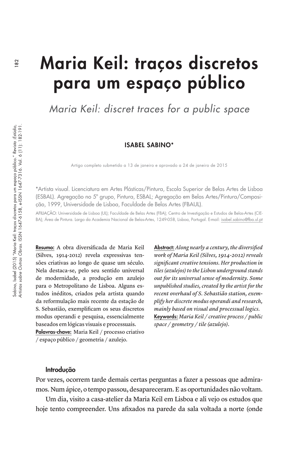 Maria Keil: Traços Discretos Para Um Espaço Público.” Revista :Estúdio, 182 Artistas Sobre Outras Obras