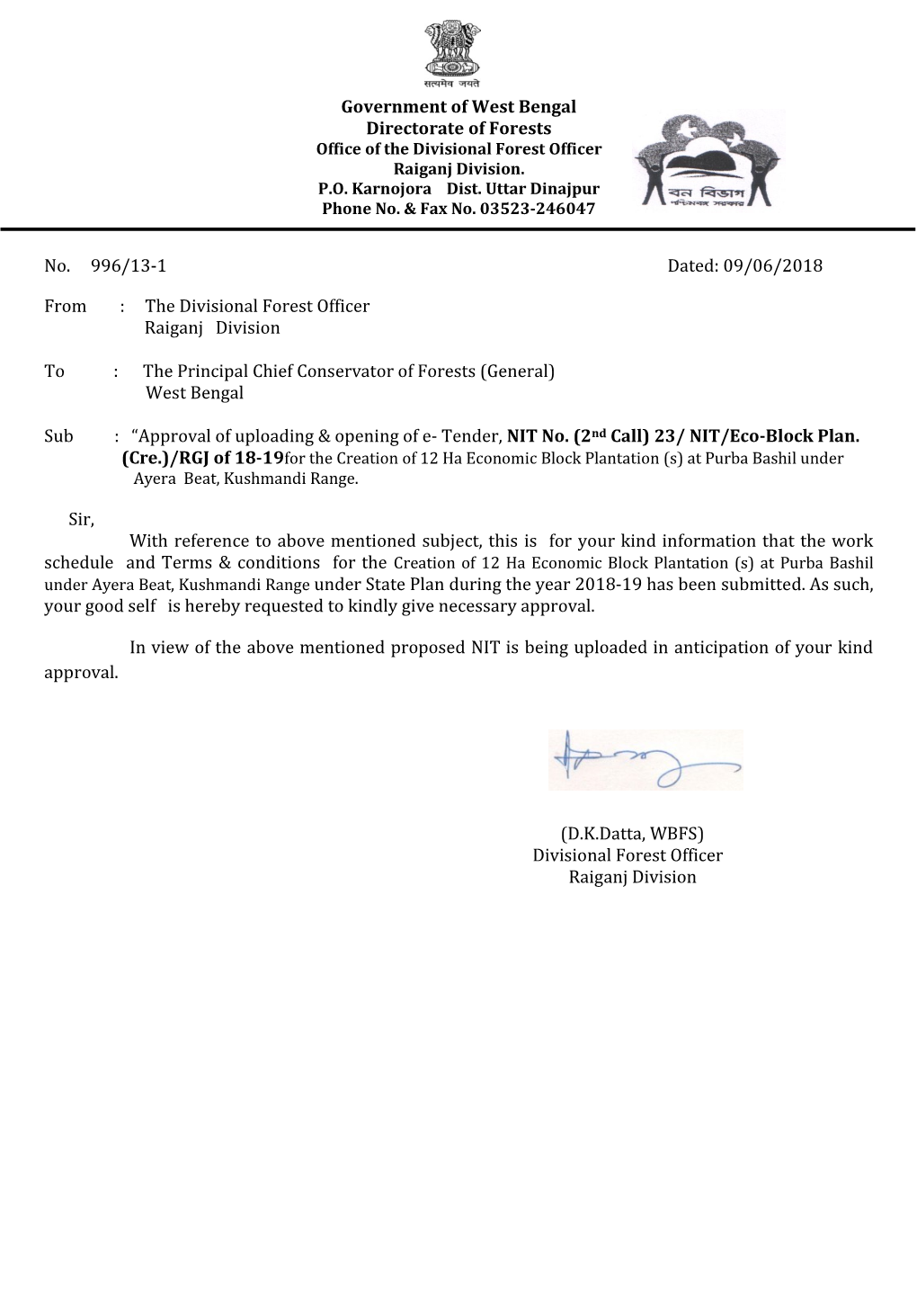 Government of West Bengal Directorate of Forests No. 996/13-1 Dated