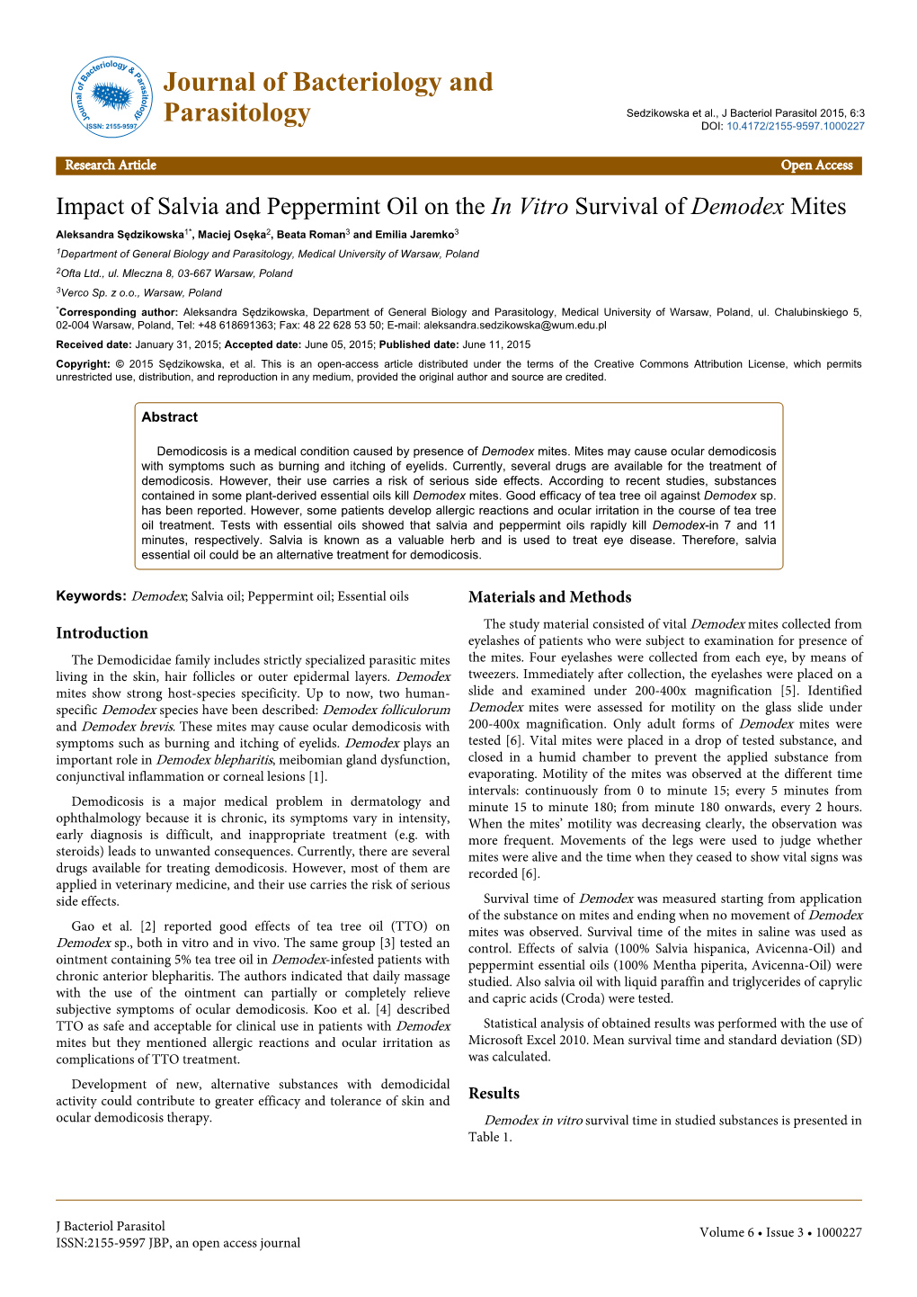 Impact of Salvia and Peppermint Oil on the in Vitro Survival of Demodex