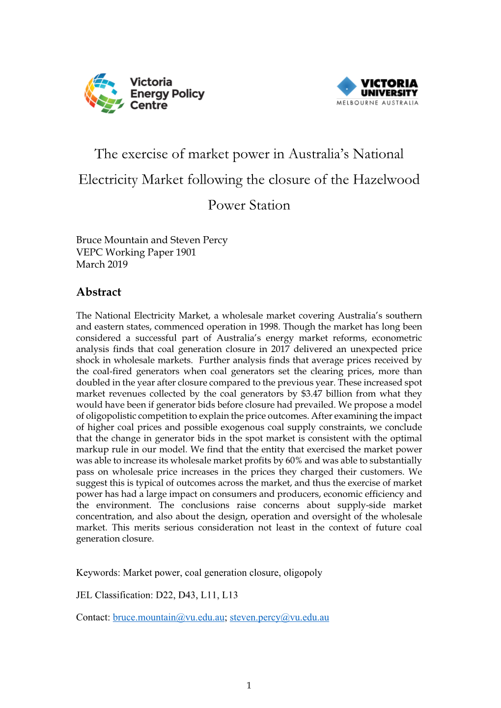 The Exercise of Market Power in Australia's National Electricity