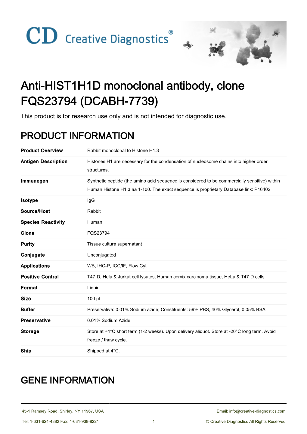 Anti-HIST1H1D Monoclonal Antibody, Clone FQS23794 (DCABH-7739) This Product Is for Research Use Only and Is Not Intended for Diagnostic Use