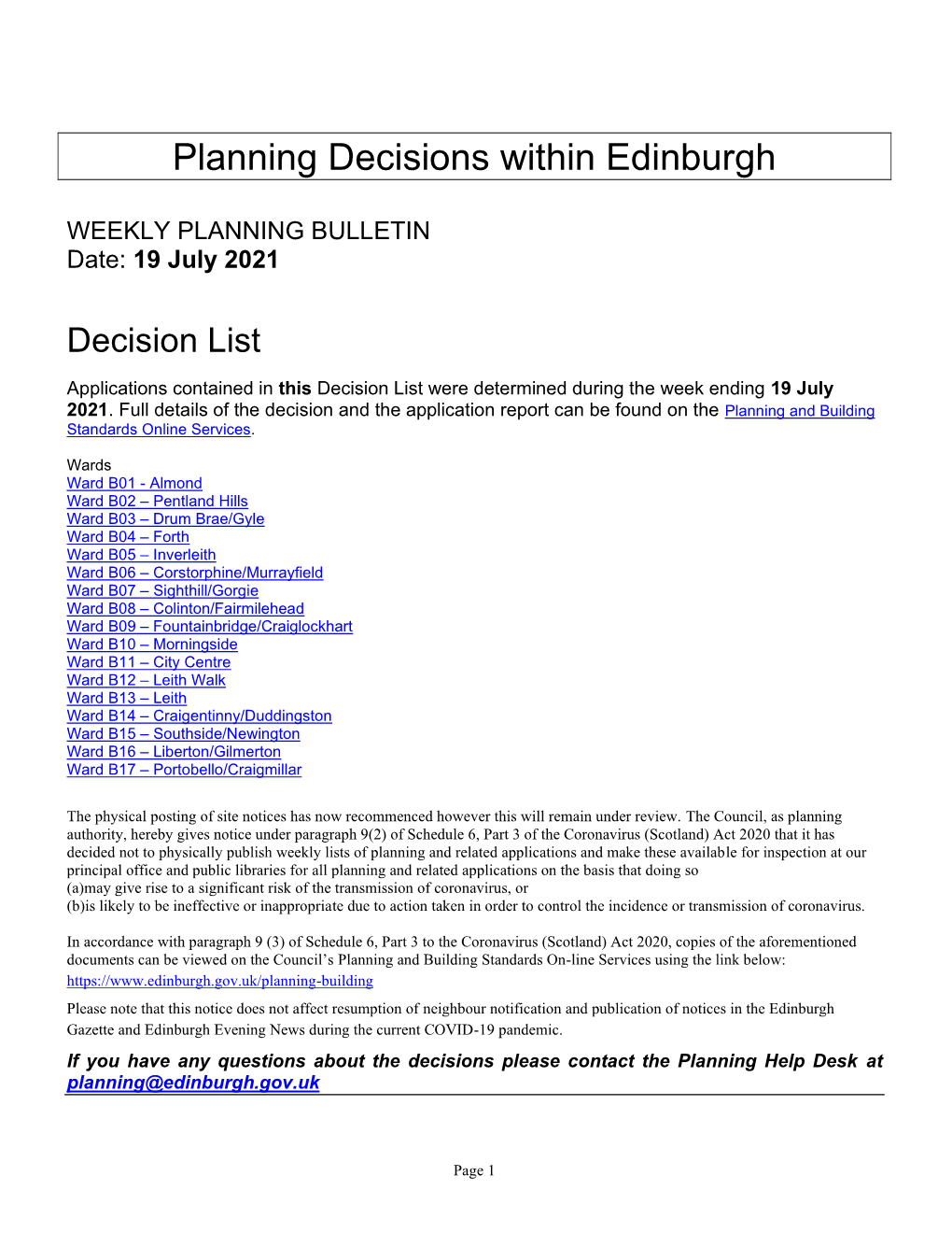 WEEKLY PLANNING BULLETIN Date: 19 July 2021
