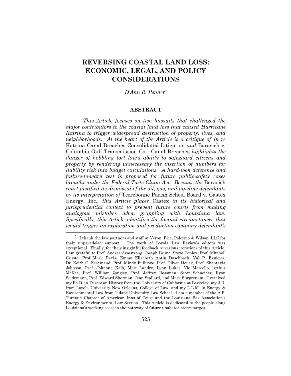 Reversing Coastal Land Loss: Economic, Legal, and Policy Considerations