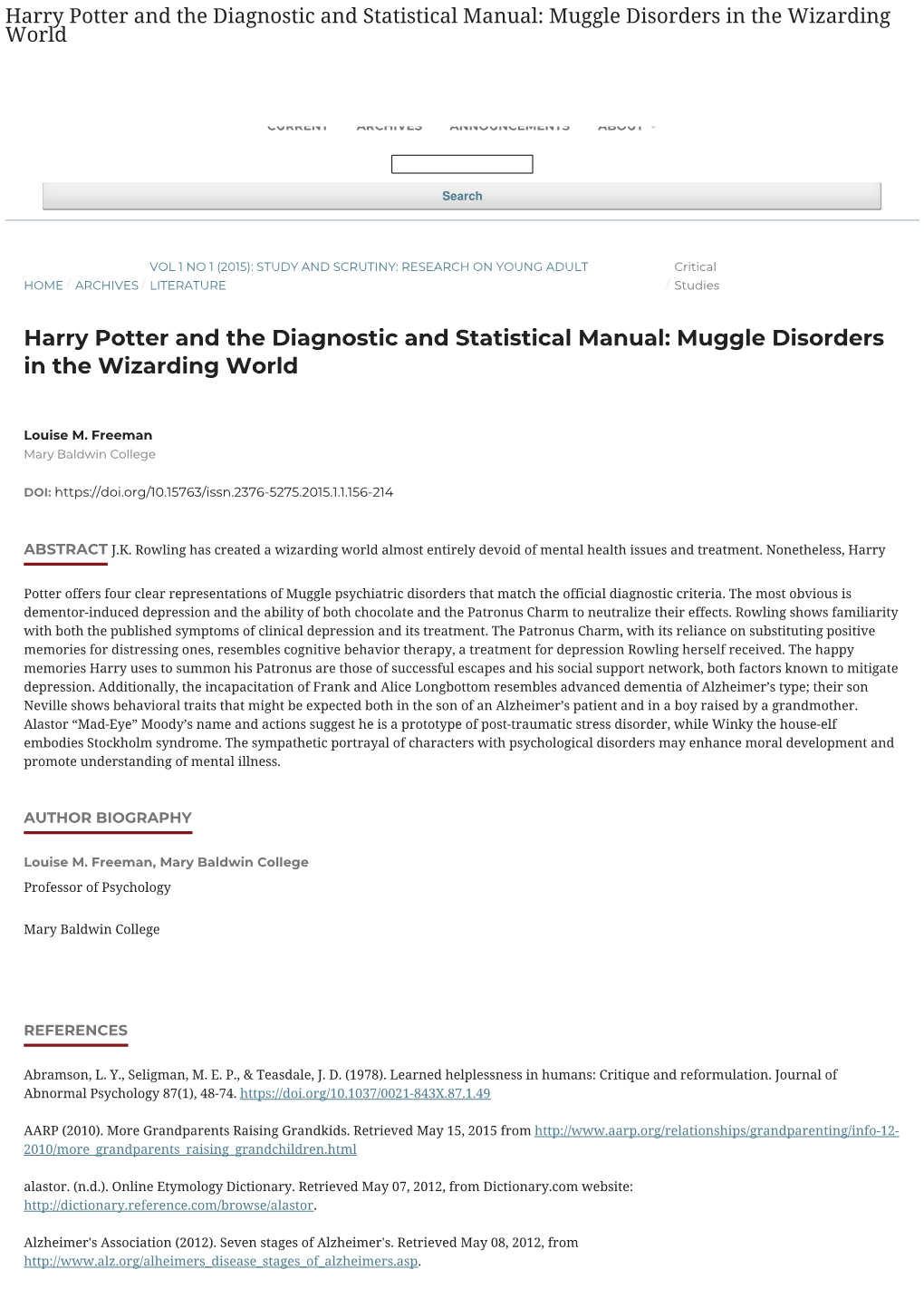 Harry Potter and the Diagnostic and Statistical Manual: Muggle Disorders in Ther Wegiisztear R Dlionggin World STUDY and SCRUTINY: RESEARCH on YOUNG ADULT LITERATURE