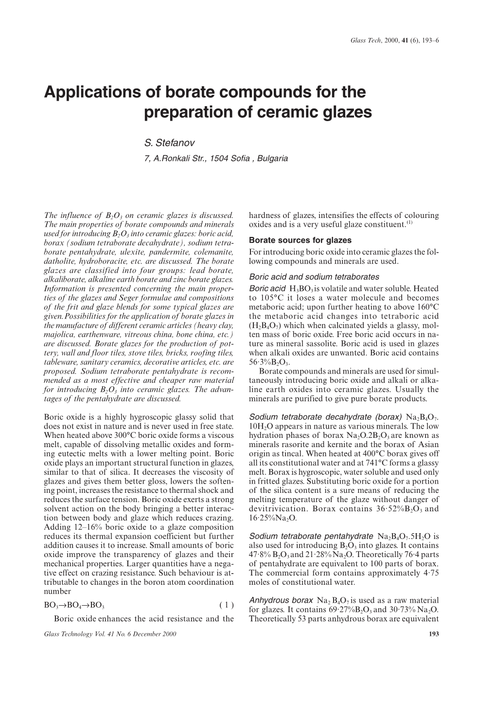 Applications of Borate Compounds for the Preparation of Ceramic Glazes