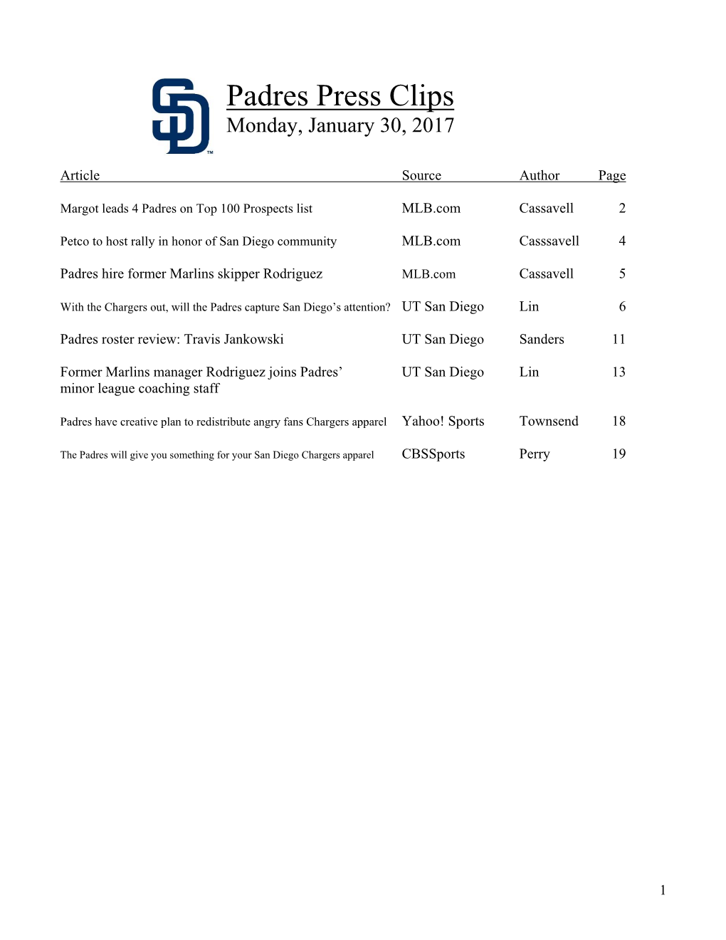 Padres Press Clips Monday, January 30, 2017