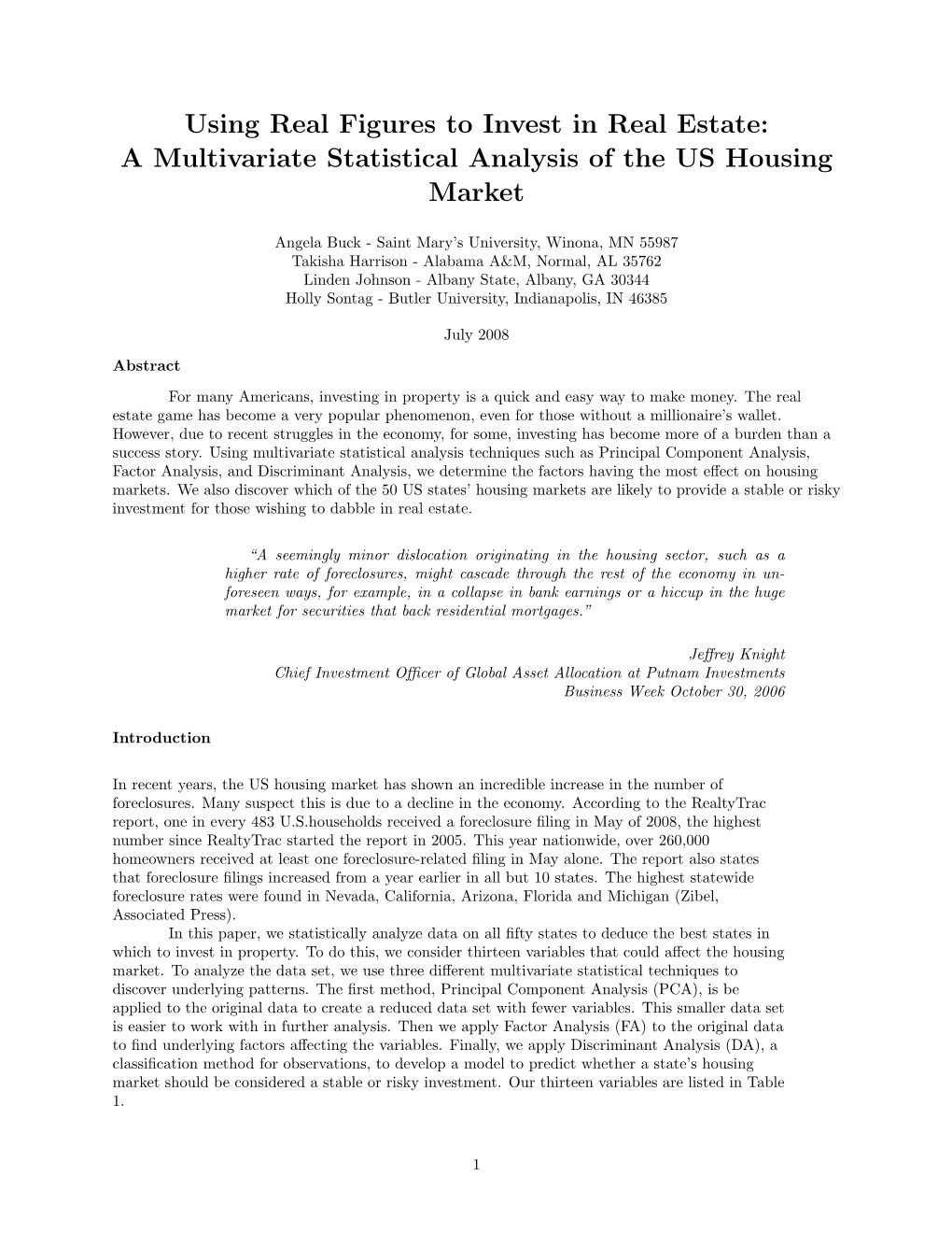 A Multivariate Statistical Analysis of the US Housing Market