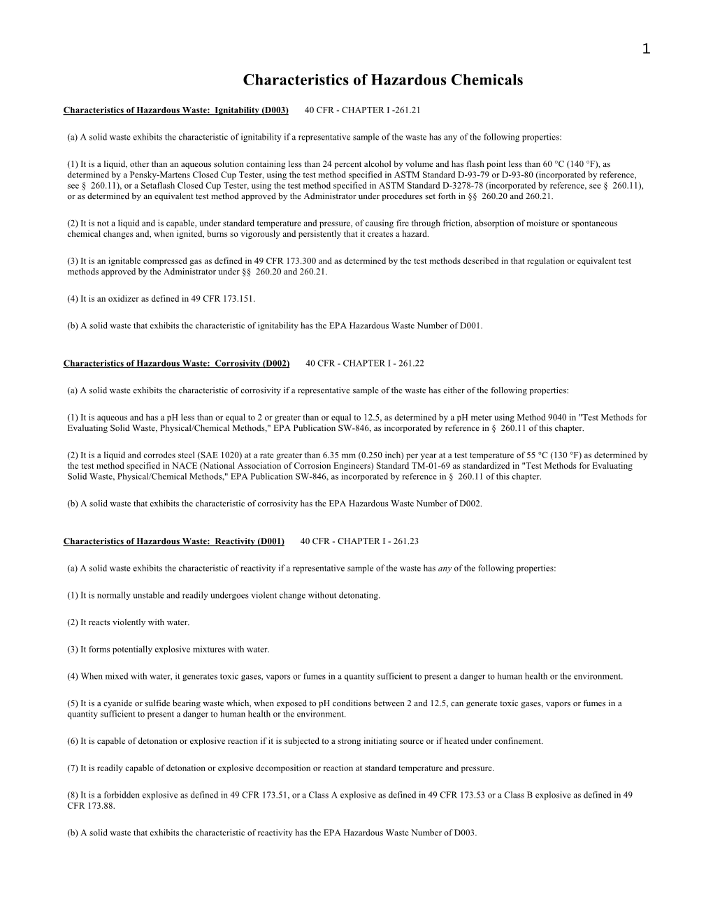 Characteristics of Hazardous Chemicals