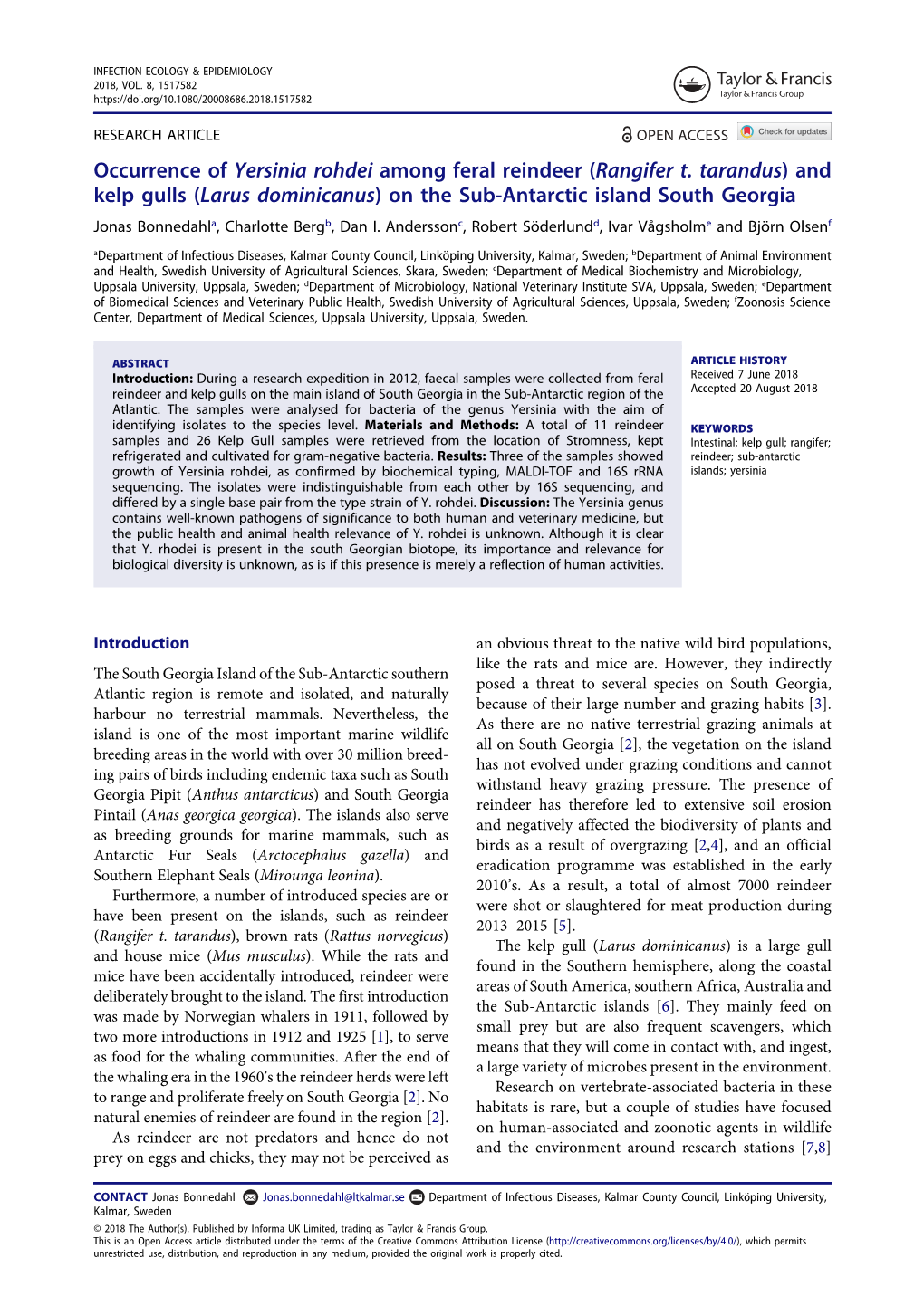 Occurrence of Yersinia Rohdei Among Feral Reindeer (Rangifer T. Tarandus