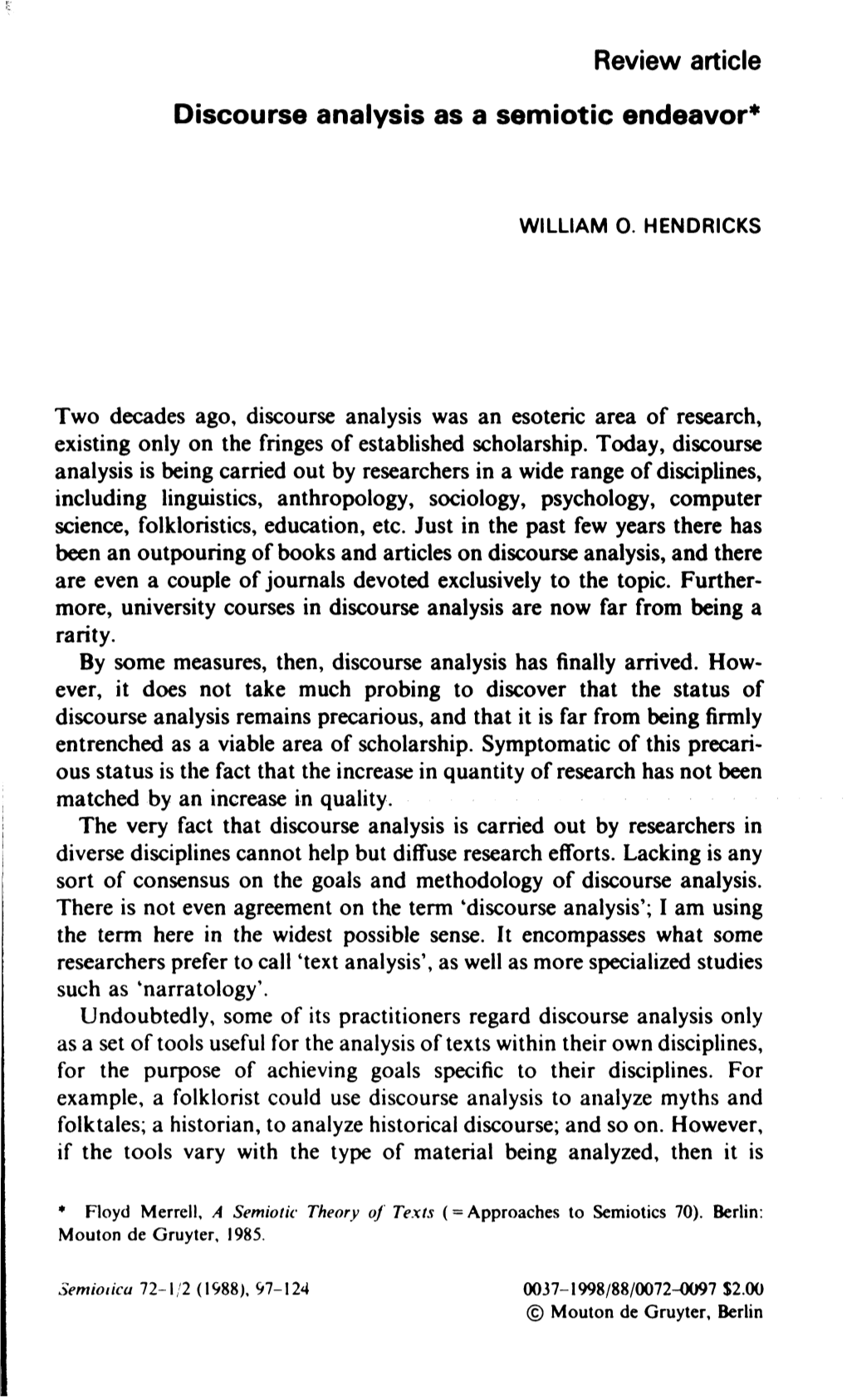 Review Article Discourse Analysis As a Semiotic Endeavor•