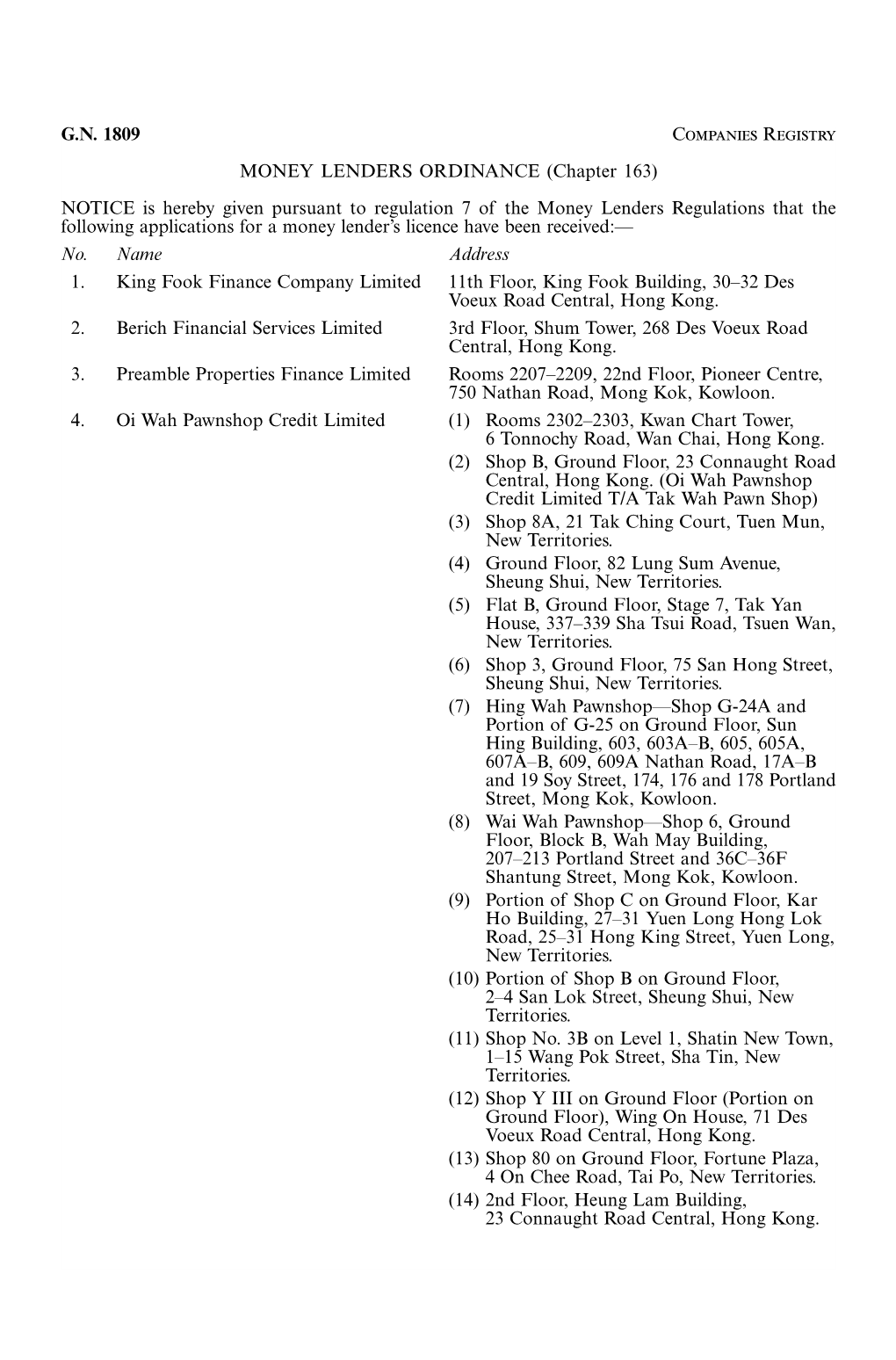 G.N. 1809 Companies Registry MONEY LENDERS ORDINANCE (Chapter 163)