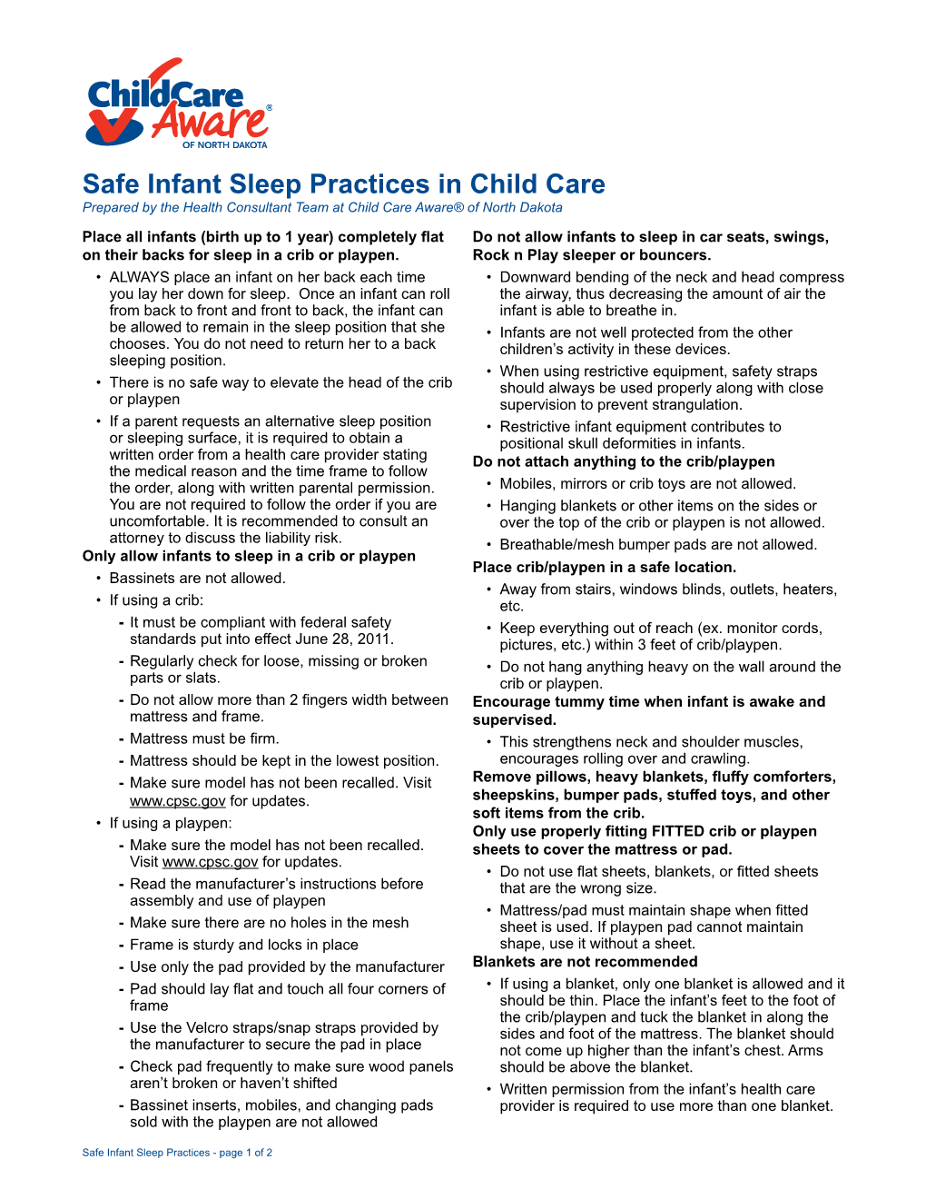 Safe Infant Sleep Practices in Child Care Prepared by the Health Consultant Team at Child Care Aware® of North Dakota