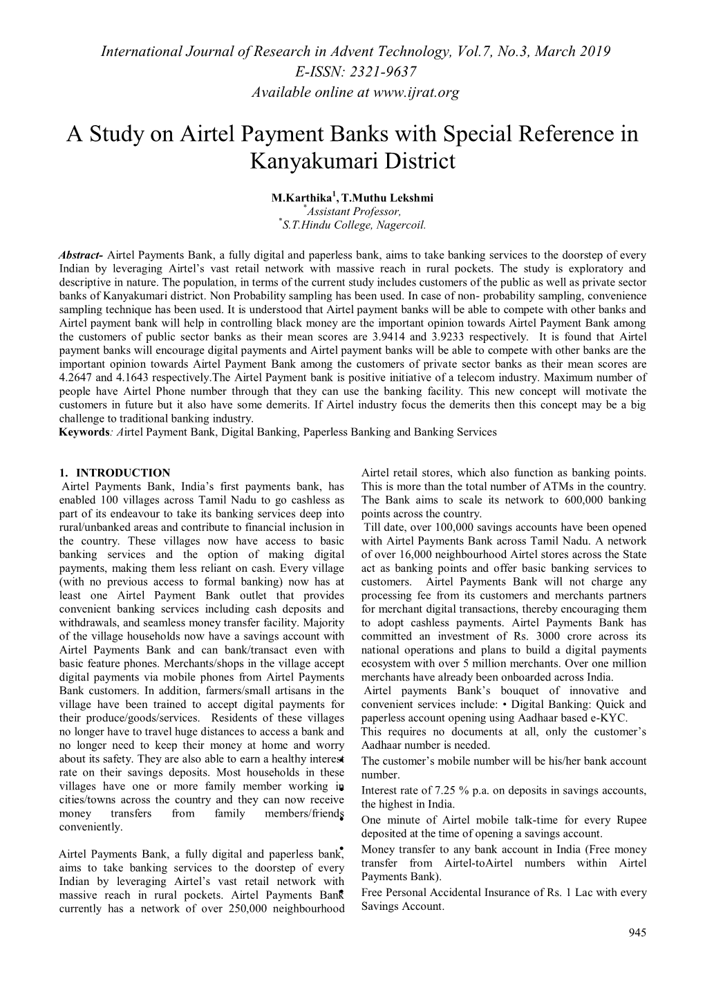 A Study on Airtel Payment Banks with Special Reference in Kanyakumari District