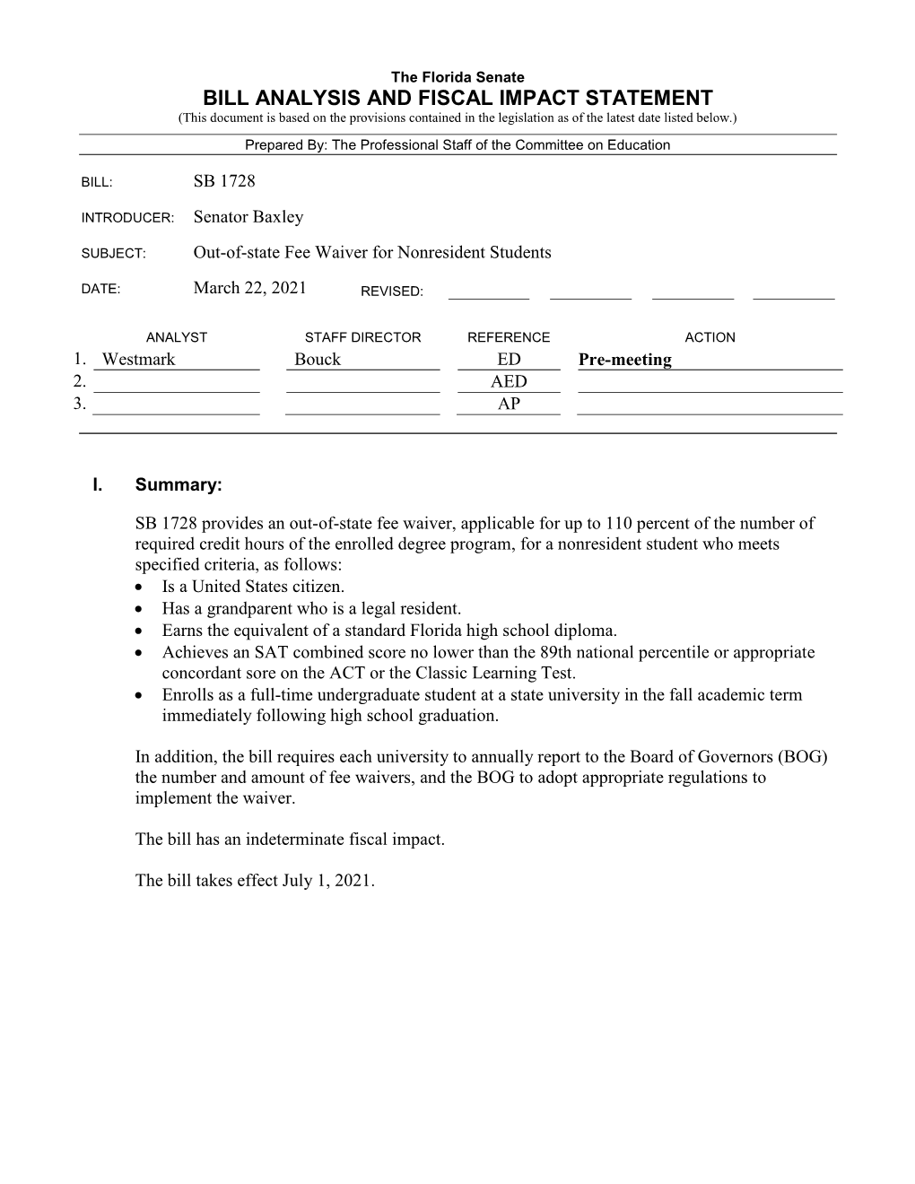 Bill Analysis and Fiscal Impact Statement