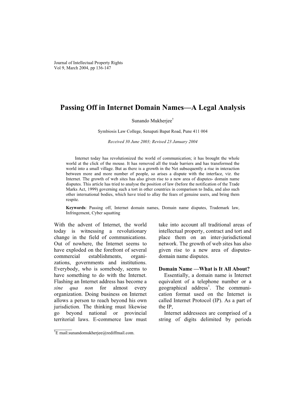 Passing Off in Internet Domain Names—A Legal Analysis