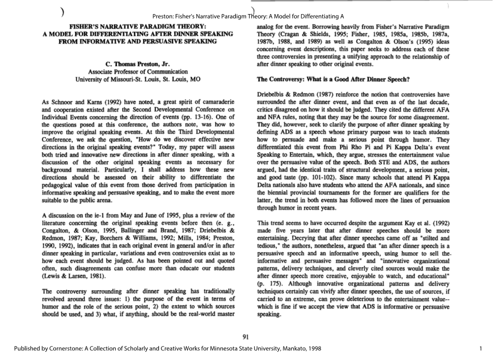 Fisher's Narrative Paradigm Theory:') a Model for Differentiating a FISHER's NARRATIVE PARADIGM THEORY: Analog for the Event