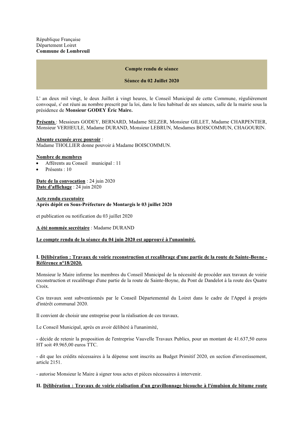 République Française Département Loiret Commune De Lombreuil Compte Rendu De Séance Séance Du 02 Juillet 2020 L' an Deux Mi