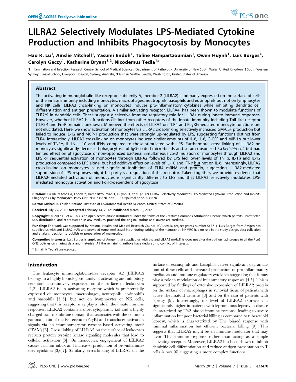 LILRA2 Selectively Modulates LPS-Mediated Cytokine Production and Inhibits Phagocytosis by Monocytes