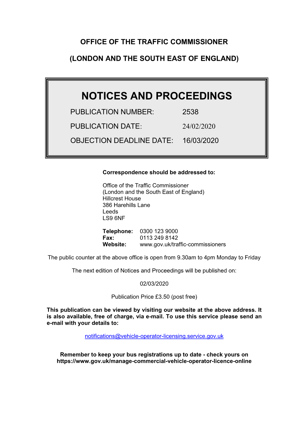 Notice and Proceedings for London and the Sourth East of England