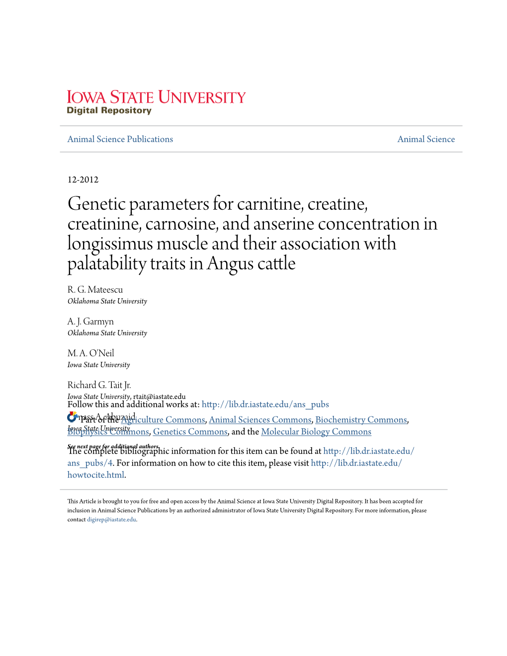 Genetic Parameters for Carnitine, Creatine, Creatinine, Carnosine, And