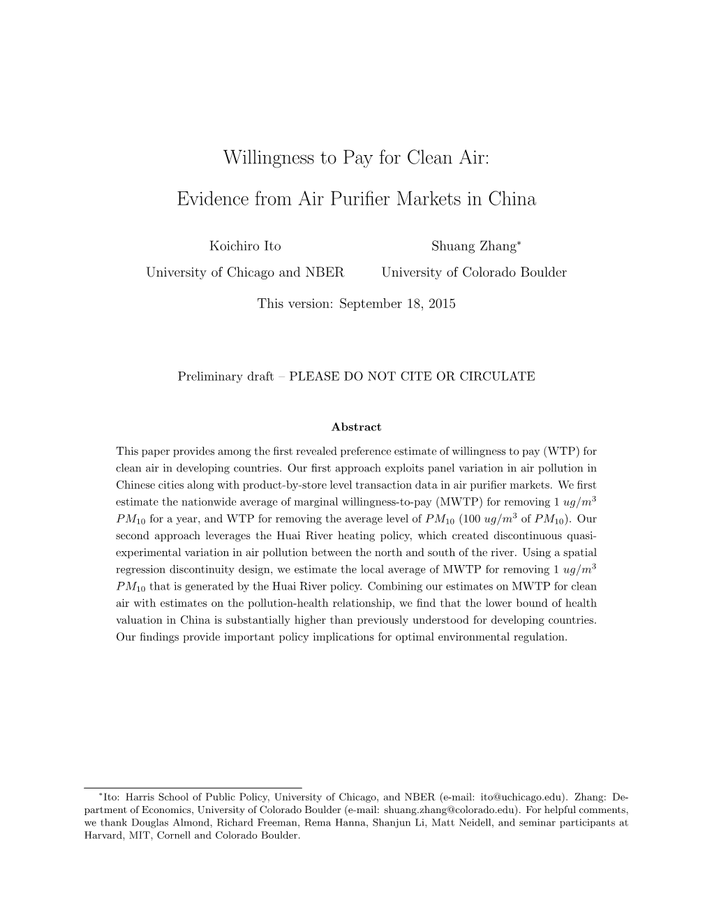 Willingness to Pay for Clean Air: Evidence from Air Purifier Markets in China