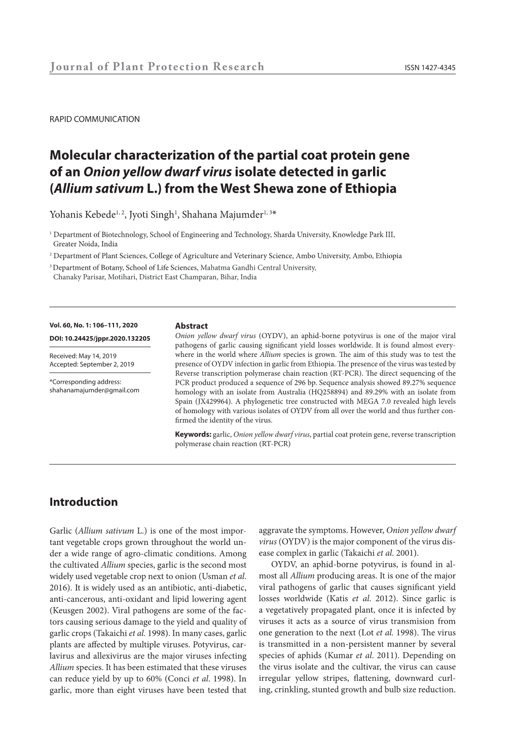 Molecular Characterization of the Partial Coat Protein Gene of an Onion Yellow Dwarf Virus Isolate Detected in Garlic