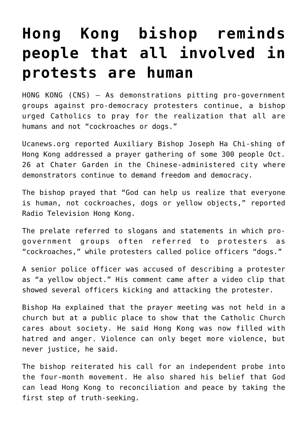 Hong Kong Bishop Reminds People That All Involved in Protests Are Human