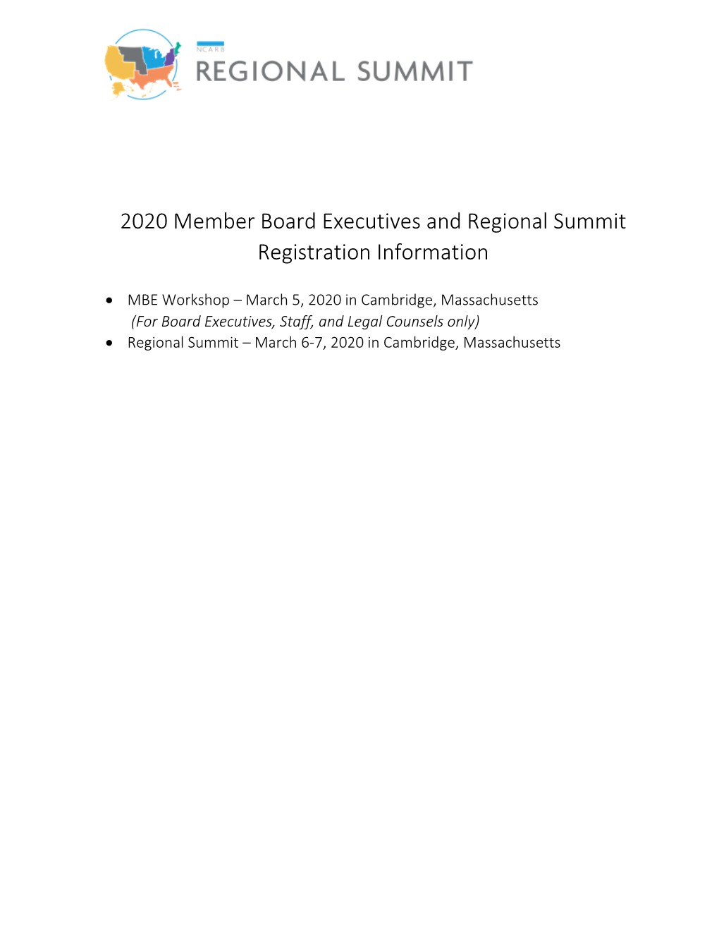 2020 Member Board Executives and Regional Summit Registration Information