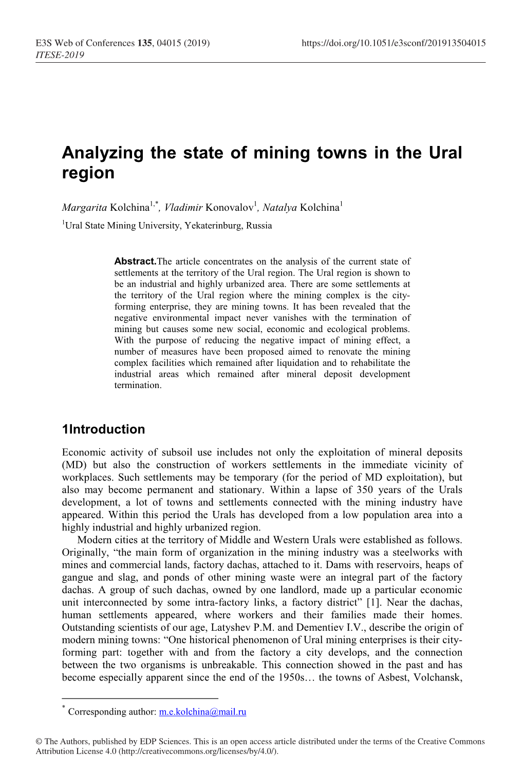 Analyzing the State of Mining Towns in the Ural Region