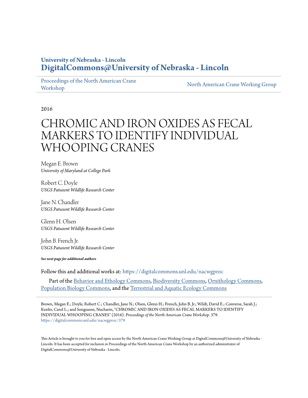 CHROMIC and IRON OXIDES AS FECAL MARKERS to IDENTIFY INDIVIDUAL WHOOPING CRANES Megan E