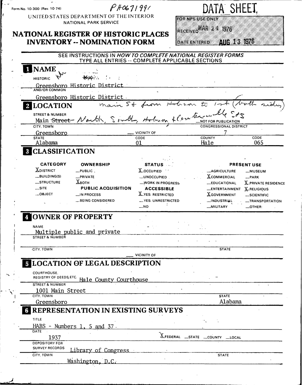 Data Sheet United States Department of the Interior National Park Service National Register of Historic Places Inventory -- Nomination Form