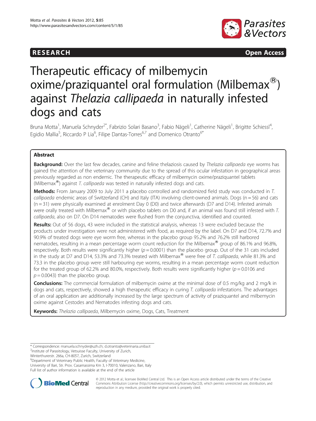 Therapeutic Efficacy of Milbemycin Oxime/Praziquantel
