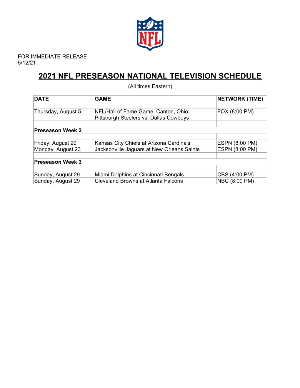 2021 Nfl Preseason National Television Schedule