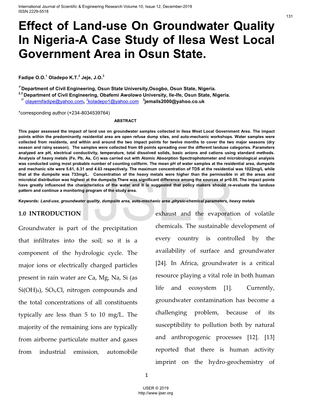 Effect of Land-Use on Groundwater Quality in Nigeria-A Case Study of Ilesa West Local Government Area in Osun State