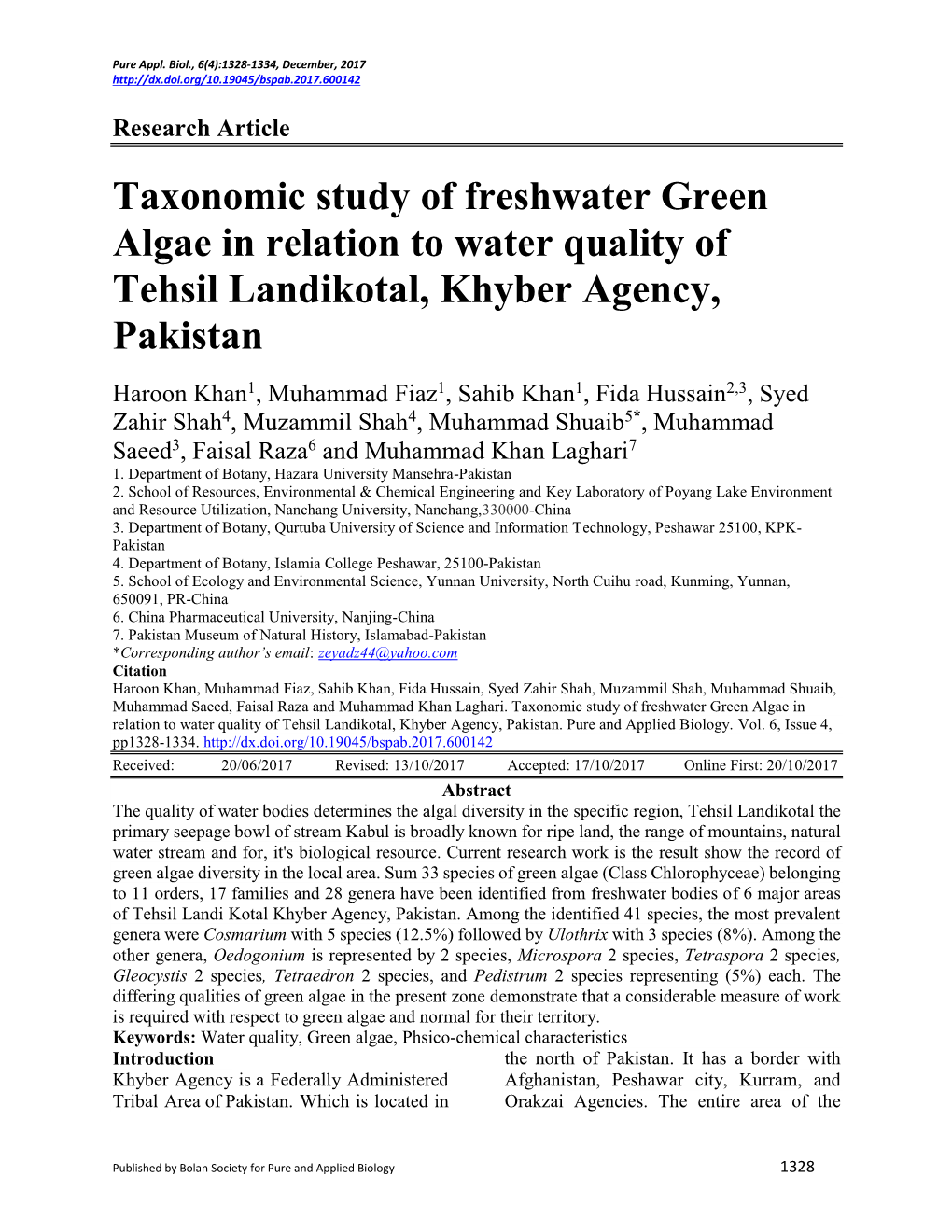 Taxonomic Study of Freshwater Green Algae in Relation to Water Quality of Tehsil Landikotal, Khyber Agency, Pakistan