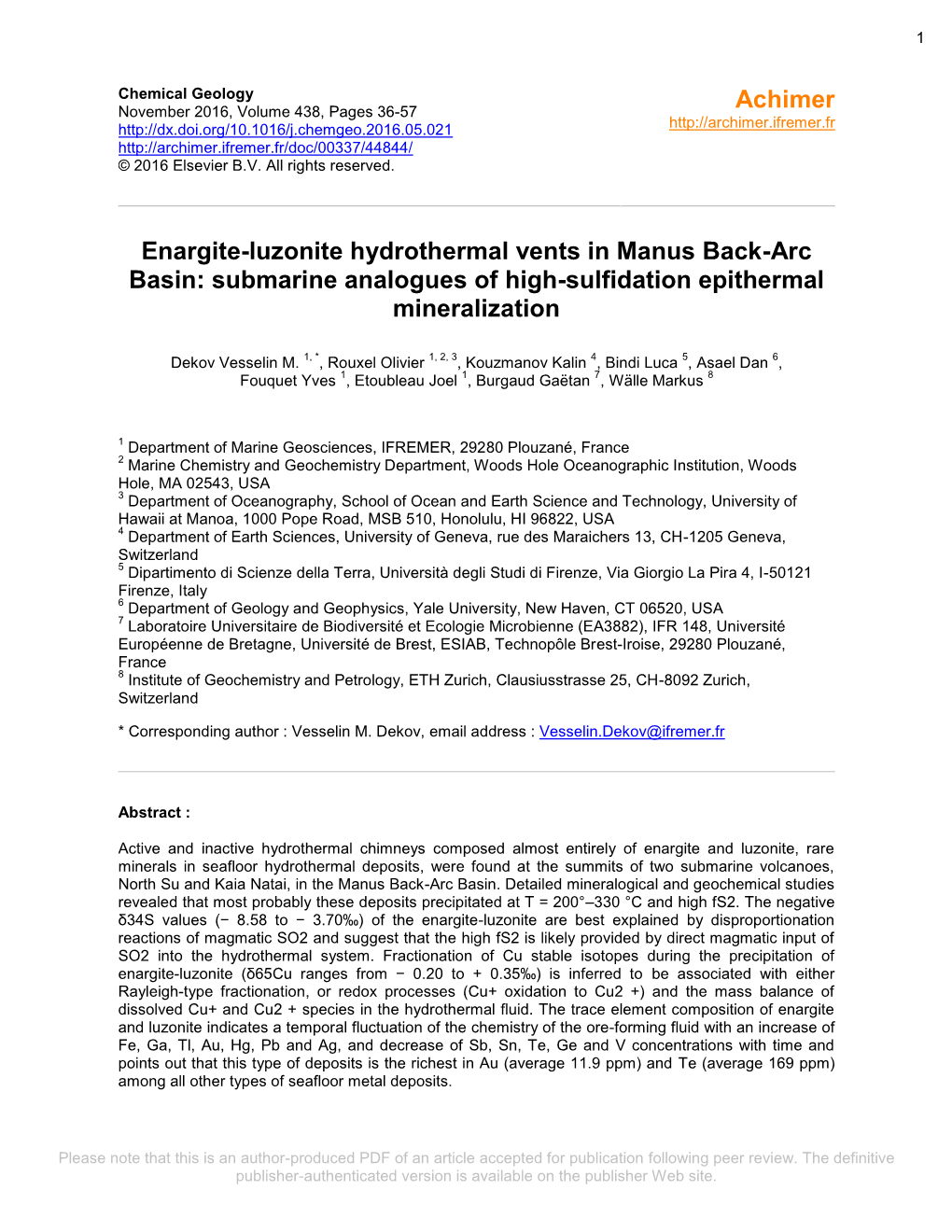 Enargite-Luzonite Hydrothermal Vents in Manus Back-Arc Basin: Submarine Analogues of High-Sulfidation Epithermal Mineralization