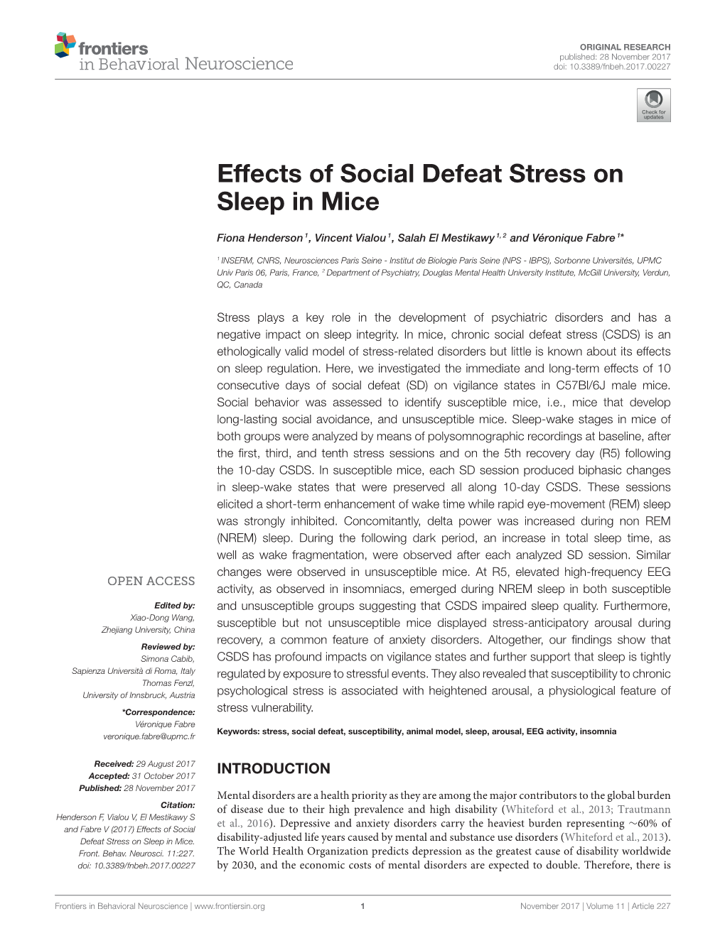 Effects of Social Defeat Stress on Sleep in Mice