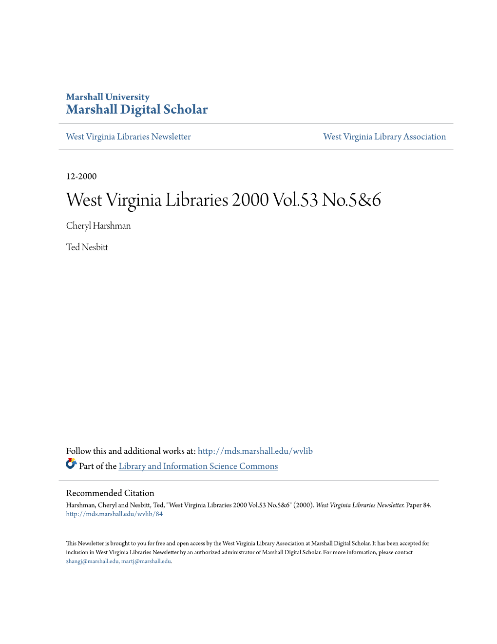 West Virginia Libraries 2000 Vol.53 No.5&6