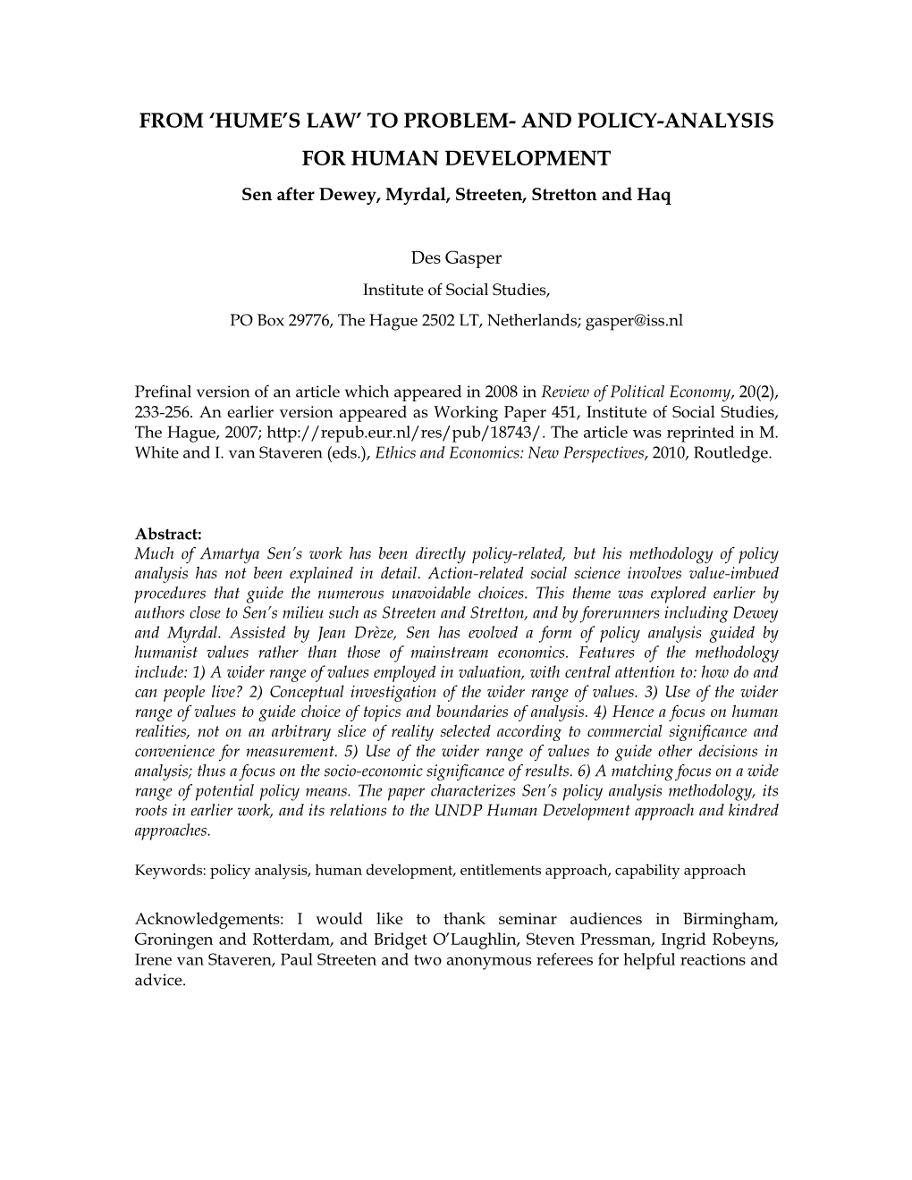 'Hume's Law' to Problem- and Policy-Analysis for Human Development