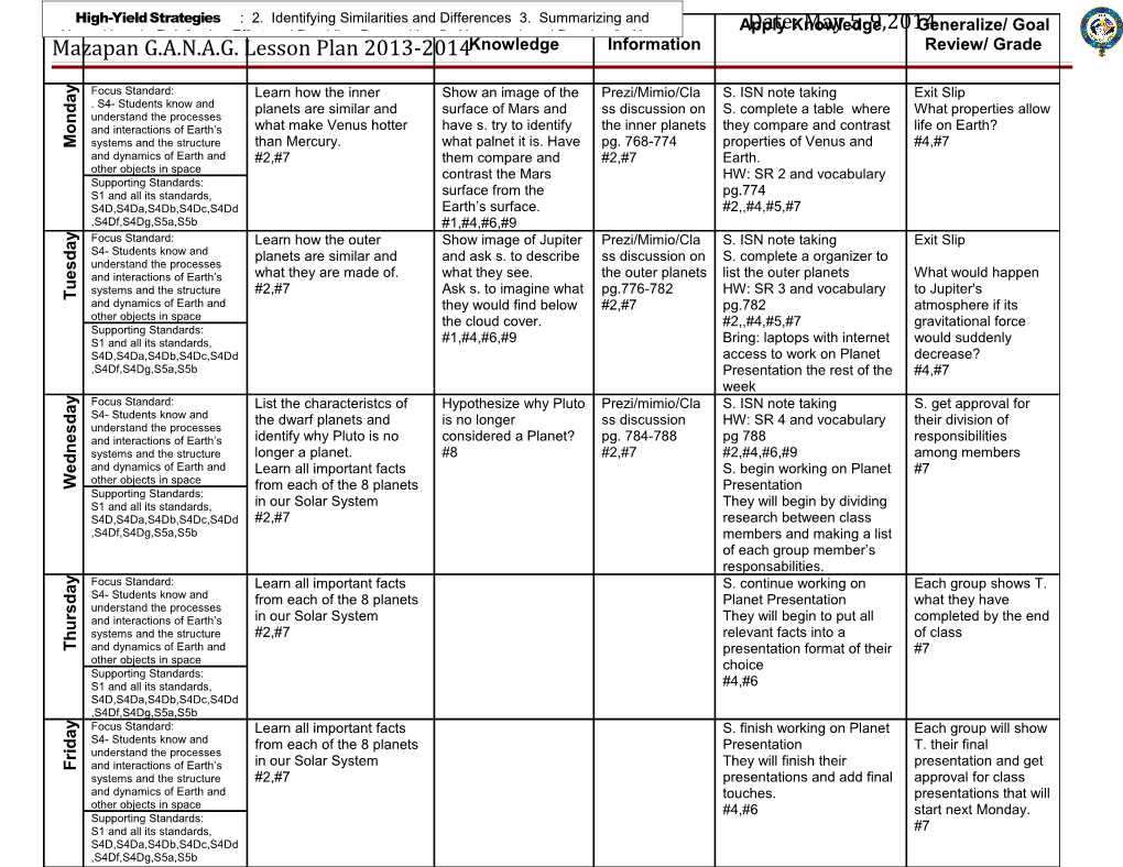 Teacher: E. Vásquez Subject: Earth Science Date: May 5-9,2014