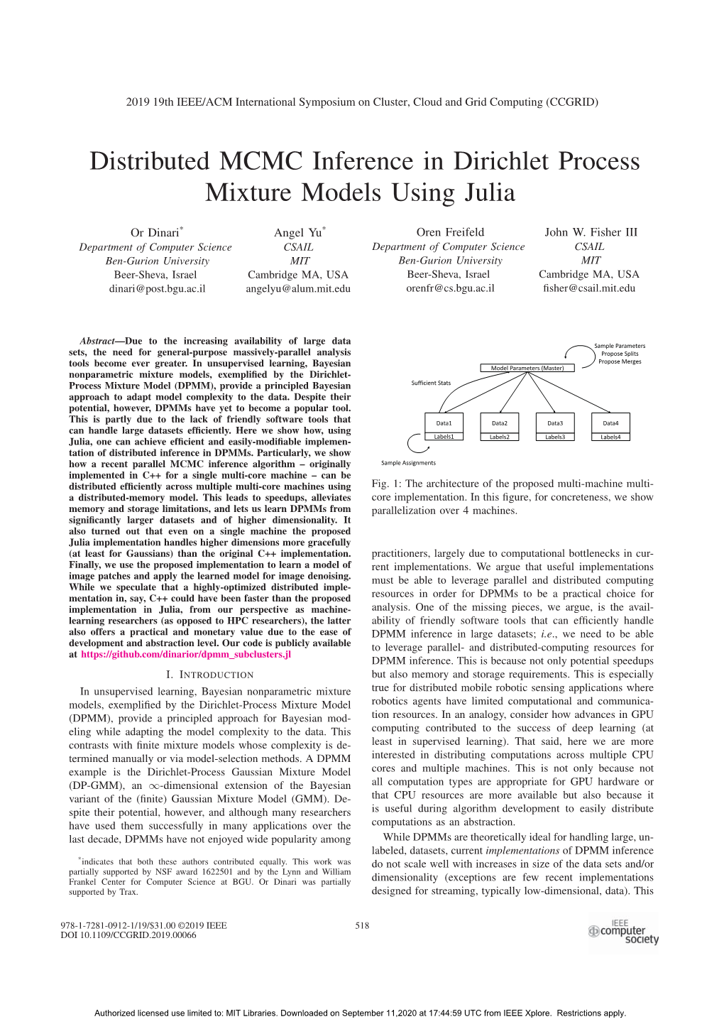 Distributed MCMC Inference in Dirichlet Process Mixture Models Using Julia