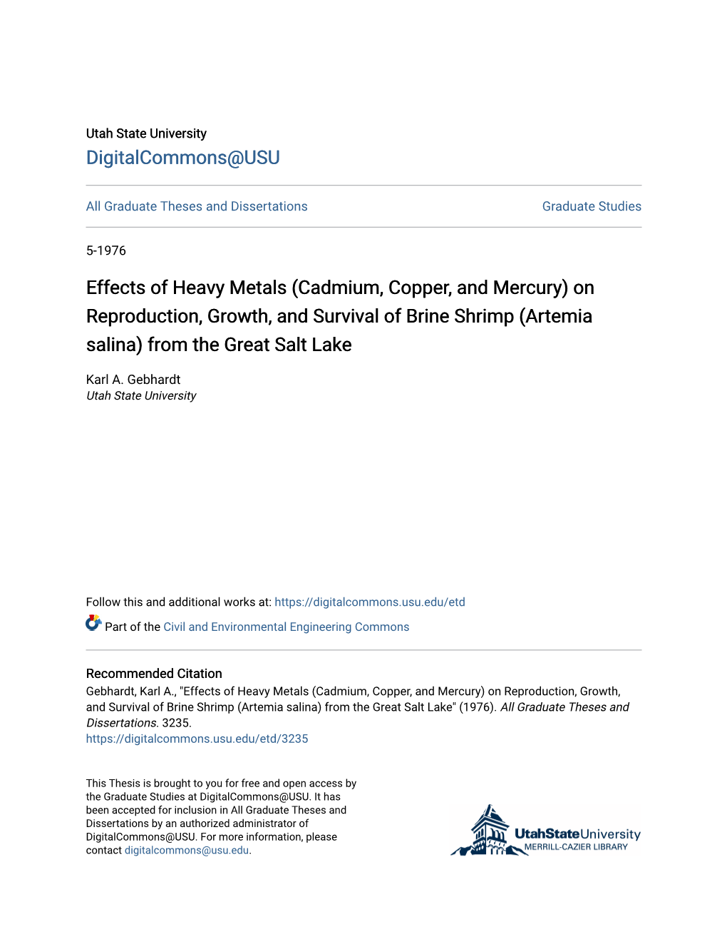 Effects of Heavy Metals (Cadmium, Copper, and Mercury) on Reproduction, Growth, and Survival of Brine Shrimp (Artemia Salina) from the Great Salt Lake