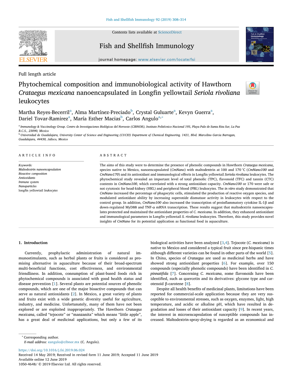 Phytochemical Composition and Immunobiological Activity of Hawthorn Crataegus Mexicana Nanoencapsulated in Longfin Yellowtail Se