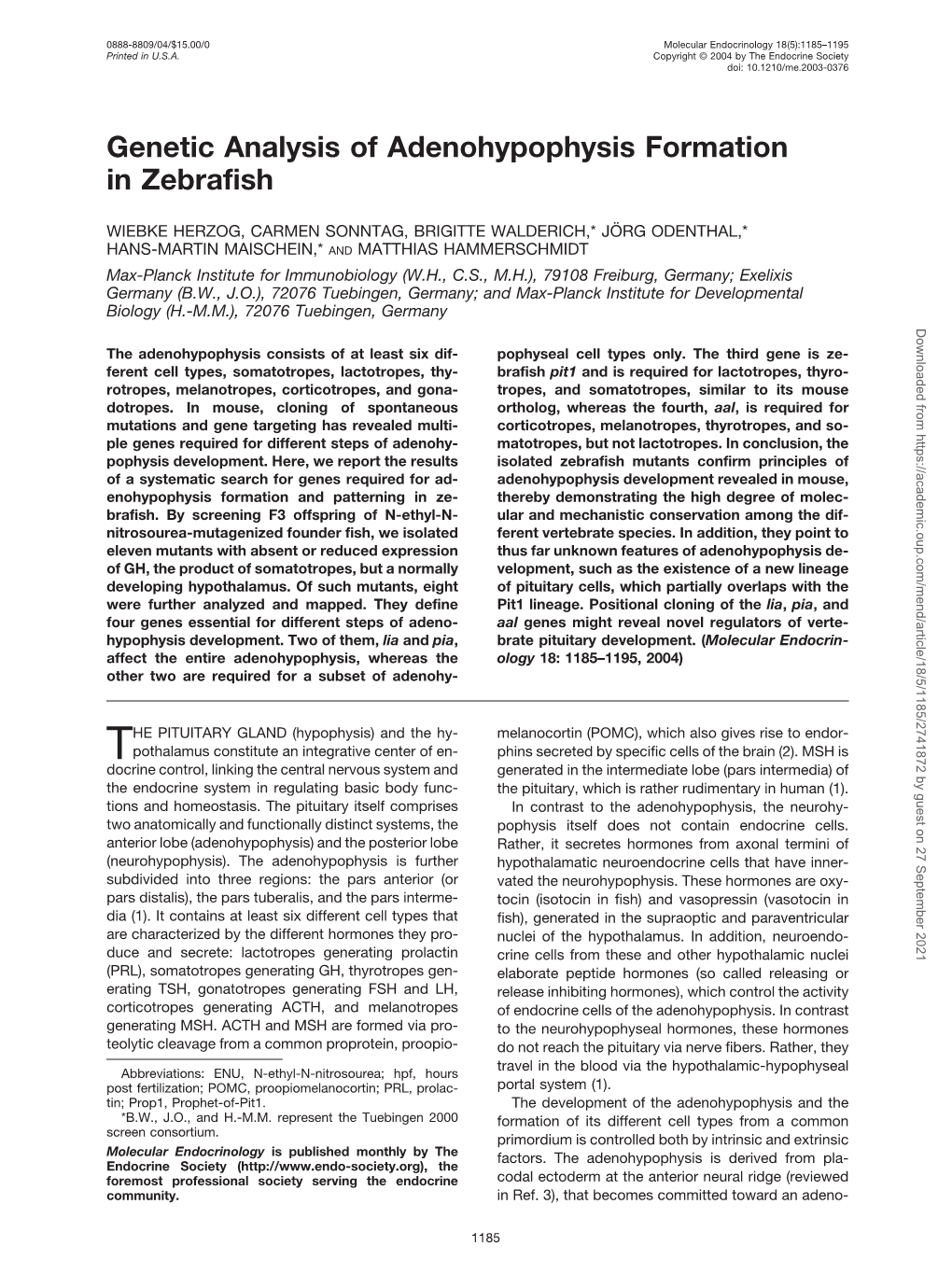 Genetic Analysis of Adenohypophysis Formation in Zebrafish