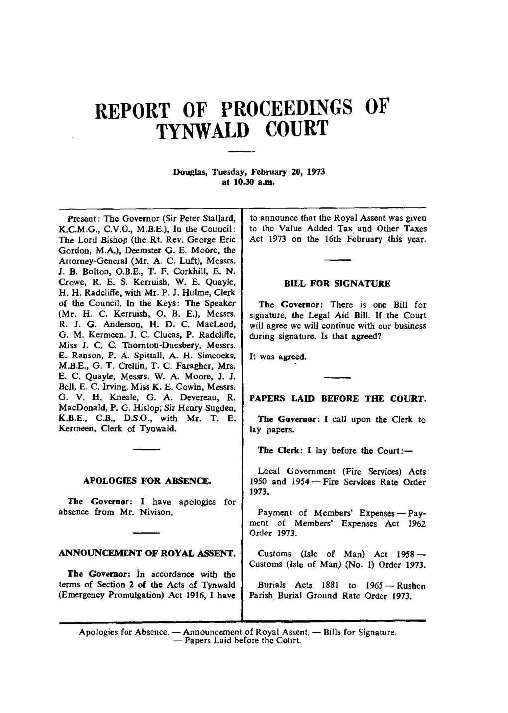 Report of Proceedings of Tynwald Court