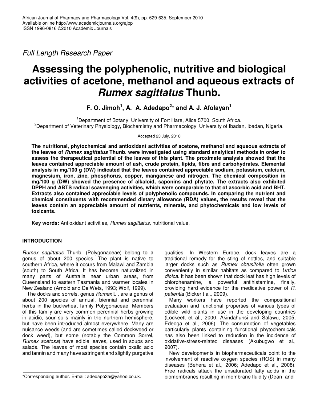 Assessing the Polyphenolic, Nutritive and Biological Activities of Acetone, Methanol and Aqueous Extracts of Rumex Sagittatus Thunb
