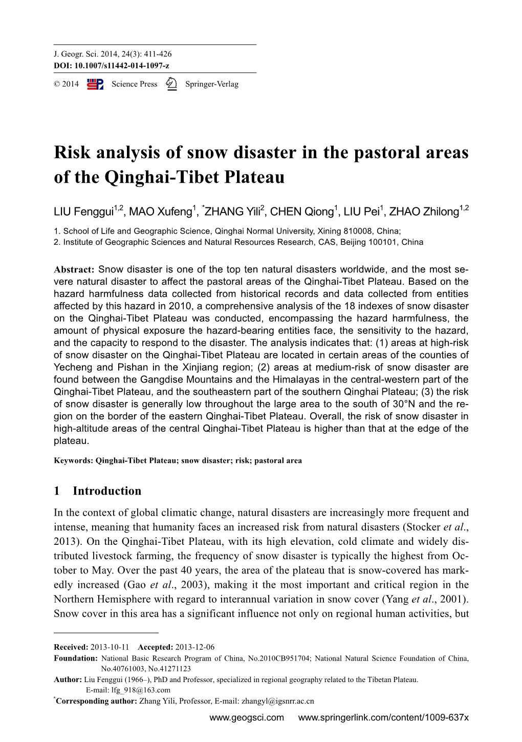 Risk Analysis of Snow Disaster in the Pastoral Areas of the Qinghai-Tibet Plateau