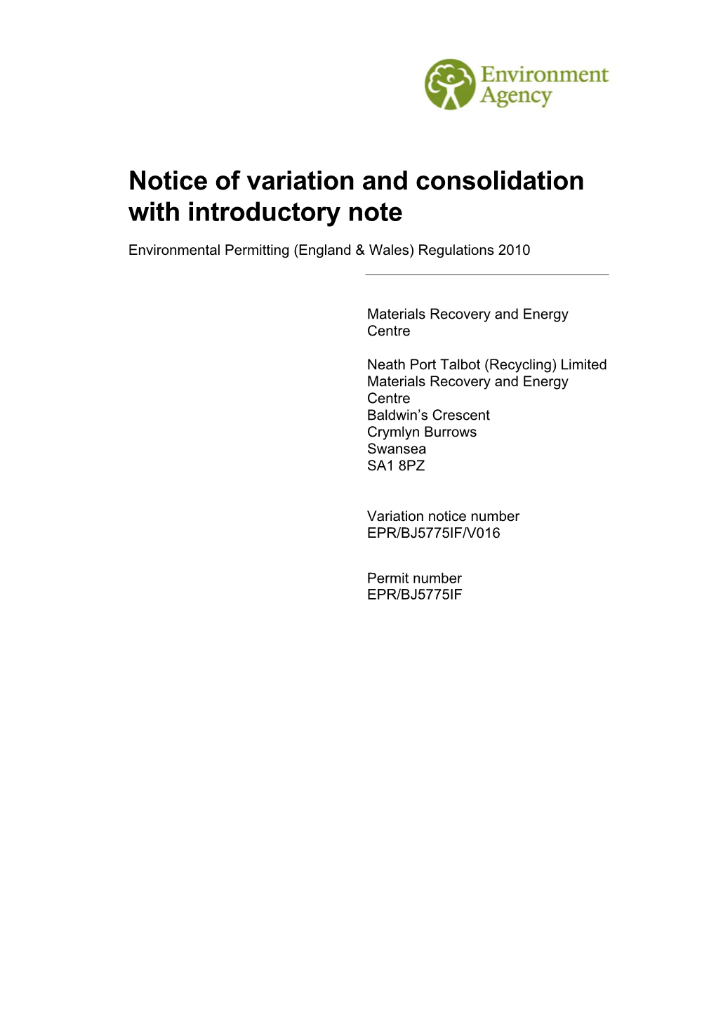 EPR BJ577 V016 Crymlyn Burrows MREC Variation Notice